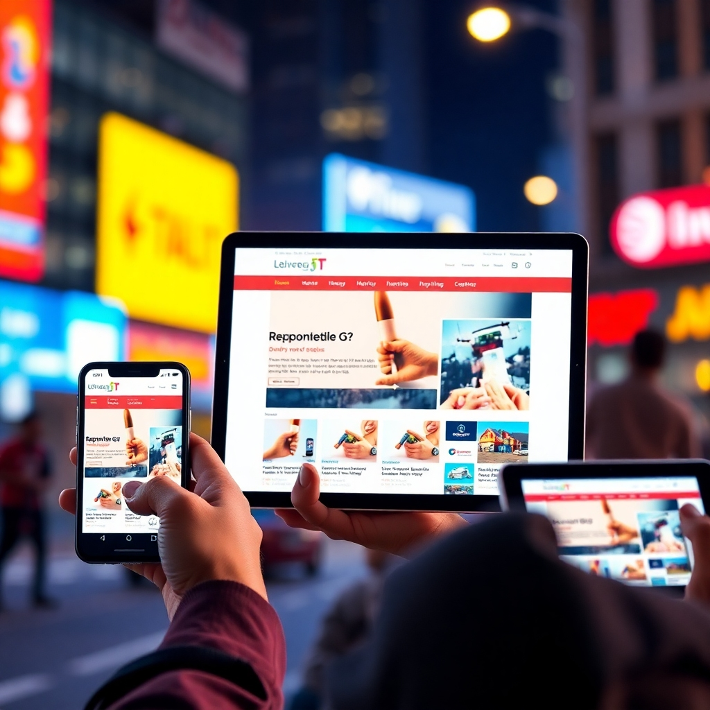 A vibrant and engaging scene illustrating a responsive website displayed on multiple devices, including smartphones and tablets. The website should adapt seamlessly to different screen sizes, showcasing a modern and user-friendly design while someone is accessing it on the go.