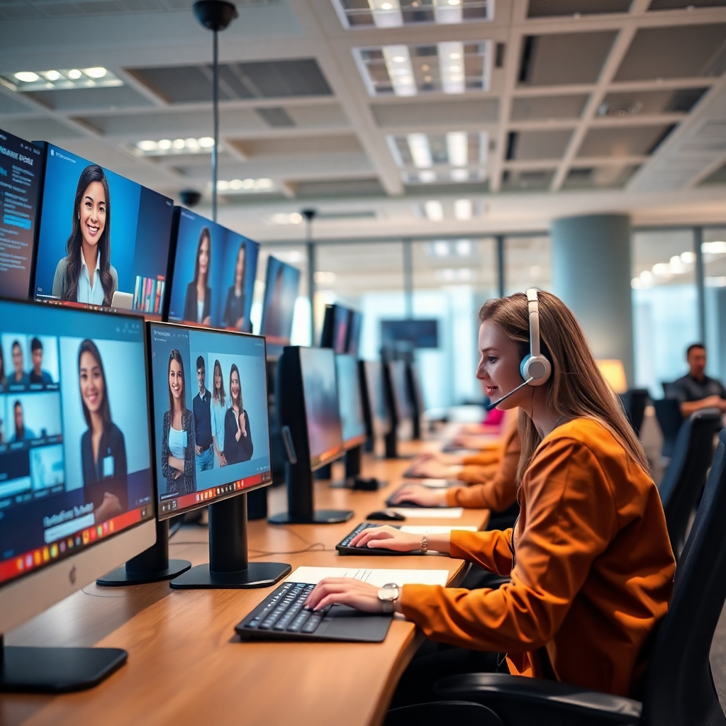 A vibrant customer service center where an AI virtual assistant interacts with customers through multiple digital screens. Happy customers on the phones and agents smiling in the background, all working harmoniously in a modern call center environment.