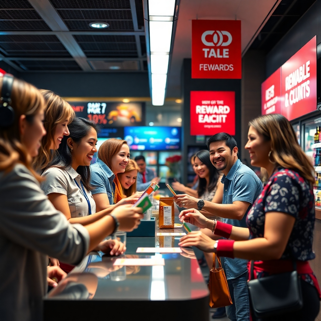 A vibrant depiction of happy customers receiving rewards and discounts at a counter. Show visual elements like loyalty cards and promotional banners. The setting should be lively and inviting, illustrating customer satisfaction and loyalty.