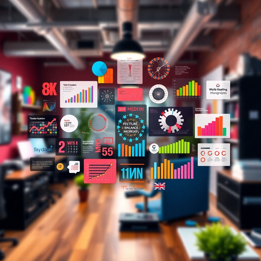 A vibrant digital collage showcasing various visual elements like infographics, eye-catching typography, and striking colors against a blurred background of a creative workspace. This composition should evoke a sense of excitement and modernity.