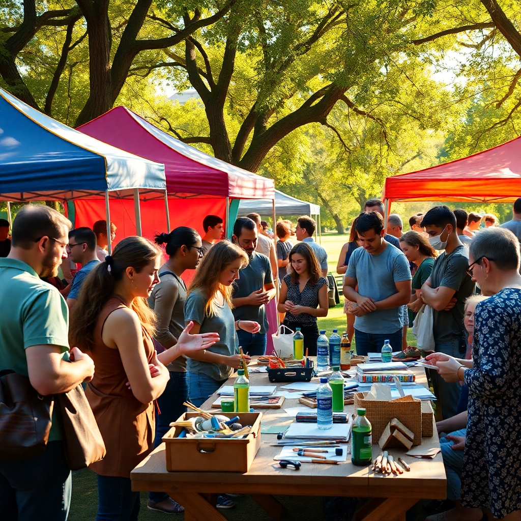 A vibrant DIY community gathering in a sunny park, where people of various ages share ideas and techniques. The setting should include colorful tents, tables with DIY projects, and engaged participants discussing and collaborating enthusiastically.