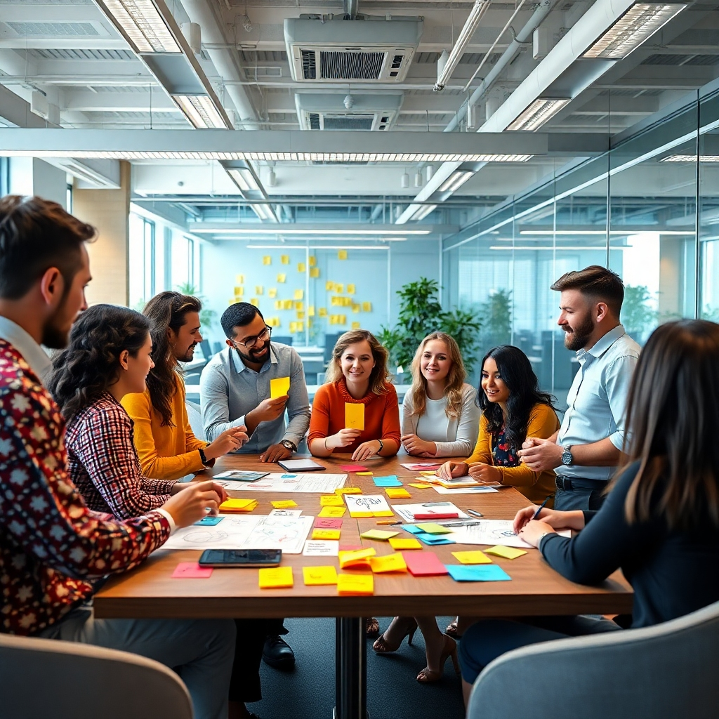 A vibrant group of diverse employees in a modern office space, engaged in a creative brainstorming session. Colorful Post-it notes and drawings are scattered around. The atmosphere is lively, with everyone actively sharing ideas and collaborating.