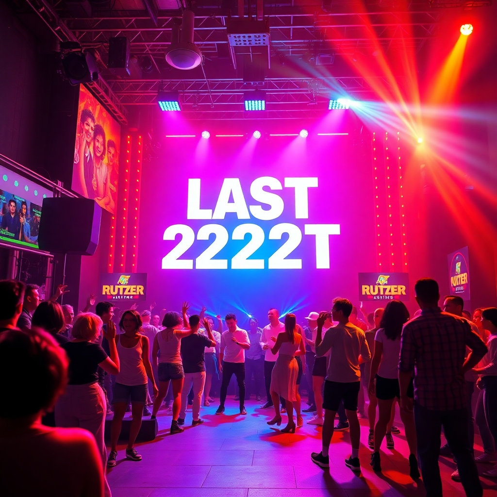 A vibrant poster design showcasing a fictional event, utilizing bold colors and striking typography. The poster should depict a lively atmosphere, incorporating elements like musical notes, people dancing, and bright neon lights to convey excitement.