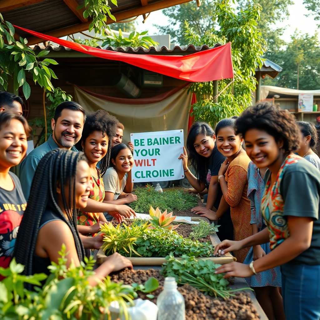 A vibrant scene depicting a diverse group of people collaborating on a community project, with banners and posters promoting sustainability. The setting should include greenery, workshops, and smiles, conveying a sense of unity and purpose.