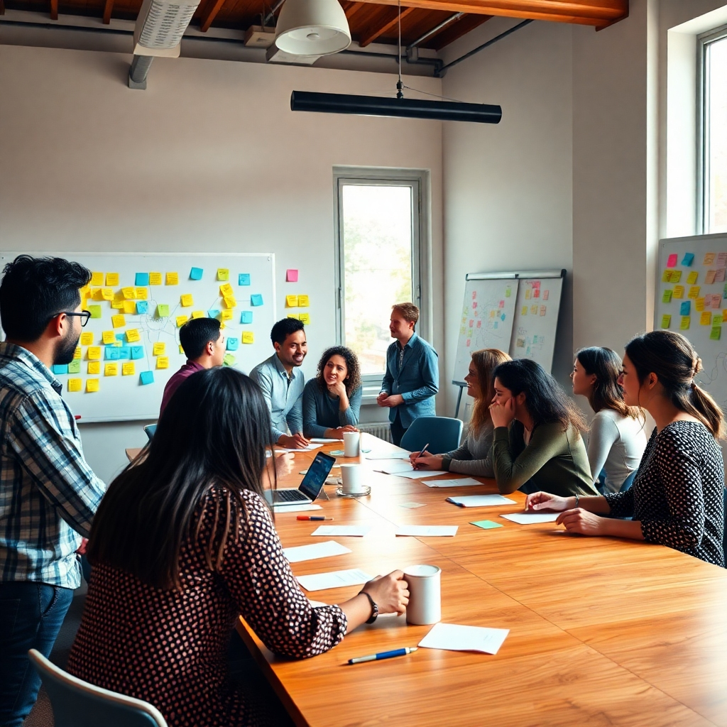 A vibrant workshop setting featuring diverse participants engaged in a creative brainstorming session. The room is filled with colorful post-it notes and mind maps on large whiteboards. Soft diffused lighting bathes the room, creating an inspiring atmosphere. The participants, a mix of ages and backgrounds, are animated, discussing ideas and jotting down concepts. A large window in the background lets in natural light, contributing to the cheerful mood. The color palette includes bright yellows, greens, and blues, enhancing creativity. The camera angle is slightly elevated, capturing the entire group from a diagonal perspective, focusing on their expressions and interactions. The scene is hyperrealistic and ultra-detailed, showcasing the textures of the environment, such as the polished wooden tables and the softness of the carpet, all set in 8K resolution. In the style of a contemporary documentary photographer.
