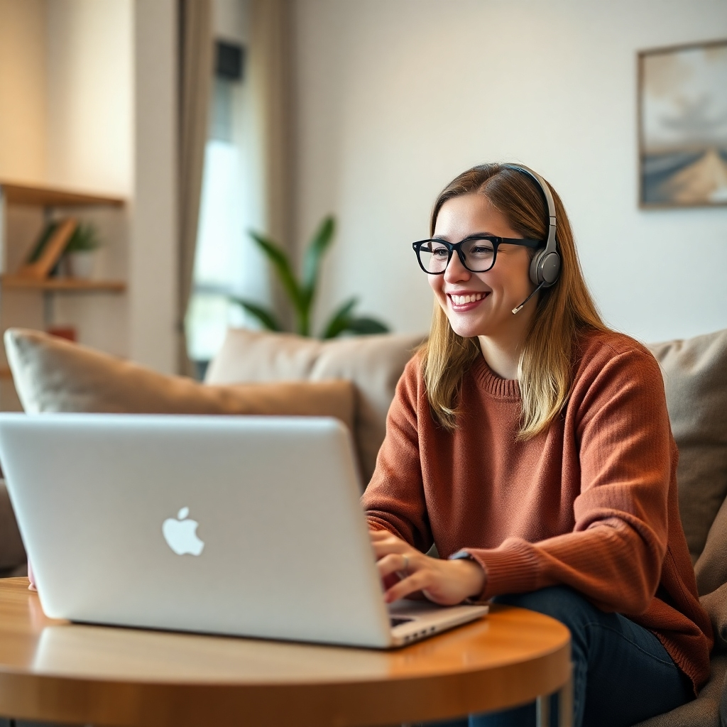 A virtual assistant interacting with a satisfied customer through a chat interface on a laptop. Display the customer smiling while receiving quick assistance. The setting is a cozy living room, highlighting a friendly and engaging digital experience.