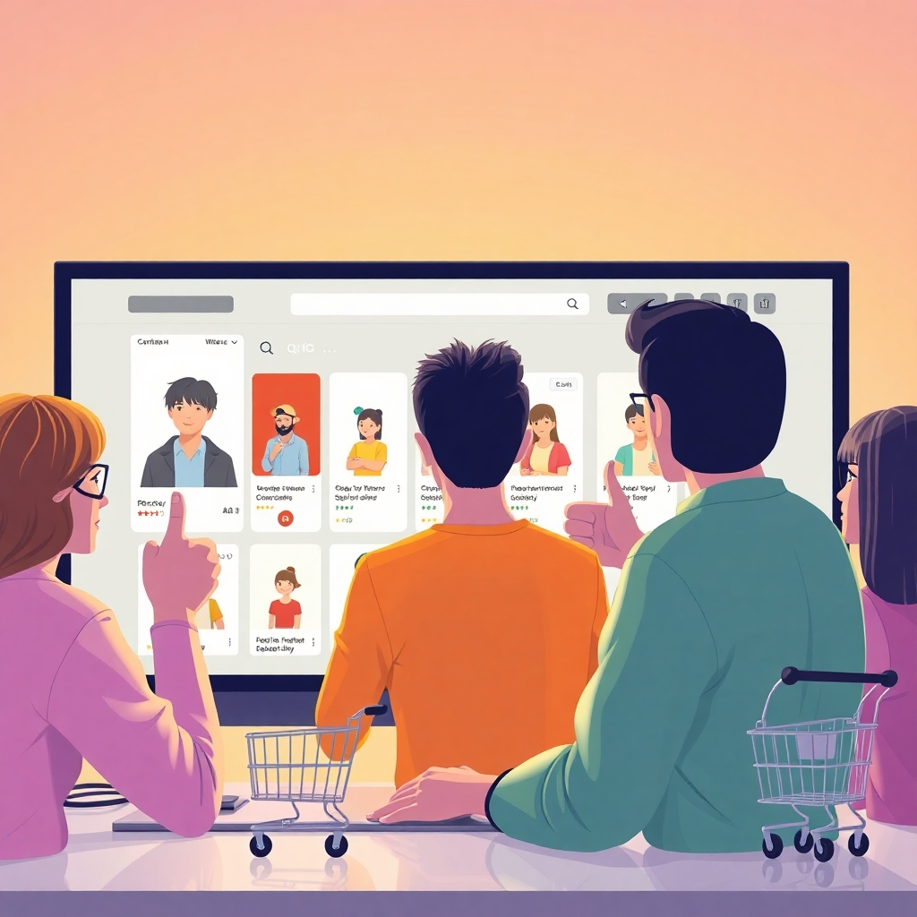A visually appealing illustration depicting a user receiving personalized product recommendations on a computer screen. Show a diverse group of users, each interacting with tailored content. The image should emphasize personalization, with visual elements like thumbs up and shopping carts to symbolize positive engagement and conversions.