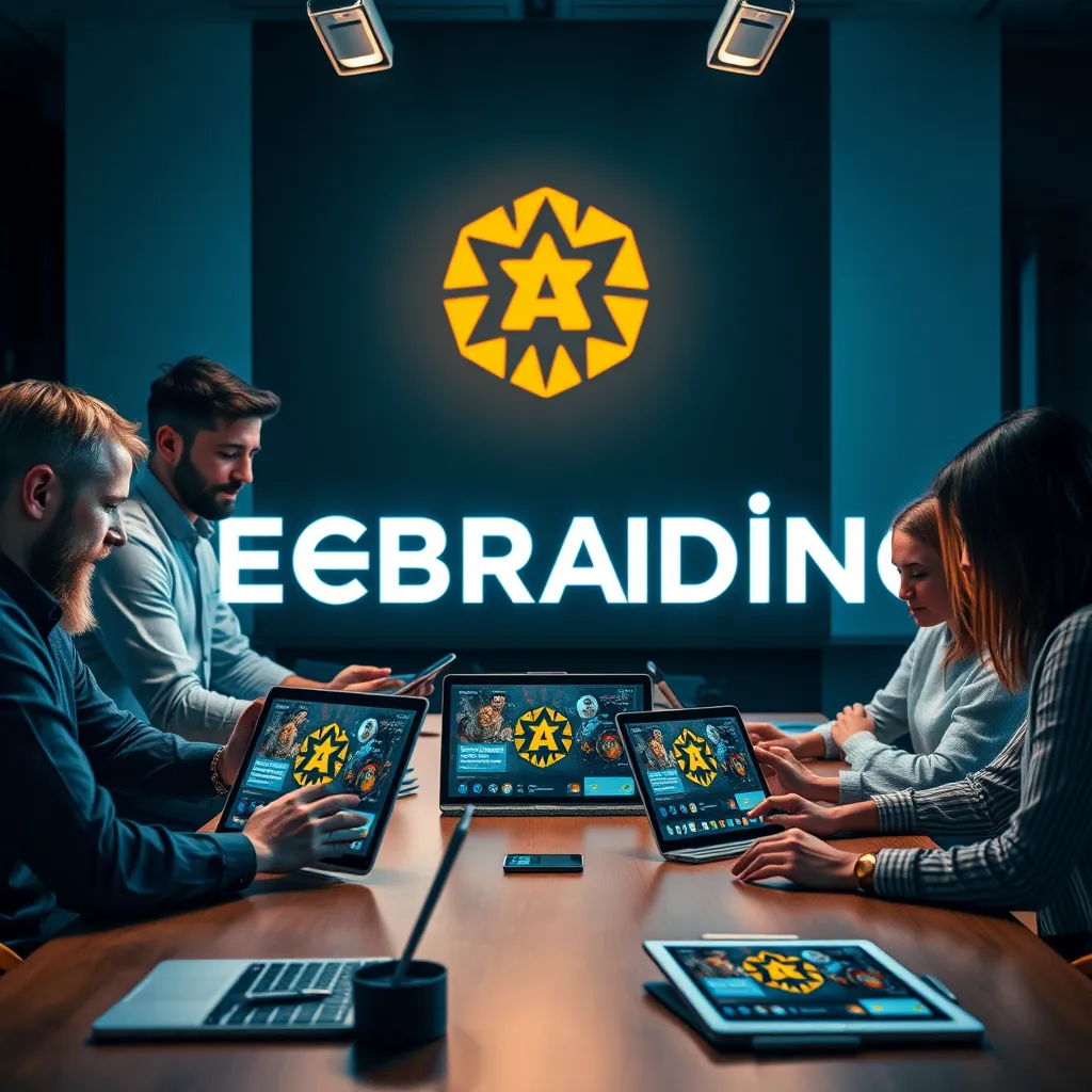 A visually striking representation of a business logo being applied to an AI software platform on various digital devices. Show diverse team members collaborating around a table, brainstorming on rebranding, with laptops and tablets displaying the new brand visuals.