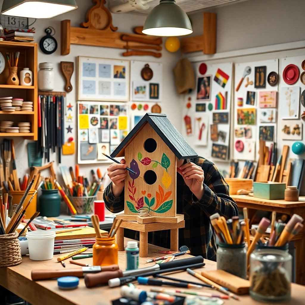 A well-lit workspace filled with various DIY tools like paintbrushes, hammers, and crafting supplies. A person is painting a wooden birdhouse with colorful designs, surrounded by inspiration boards displaying completed DIY projects.