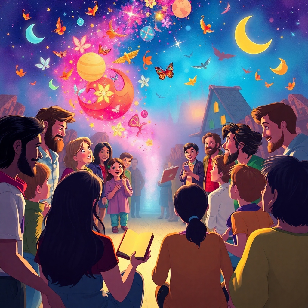 A whimsical illustration depicting a diverse group of people gathered around a storyteller, engaged and captivated by a vibrant, magical narrative unfolding in the air around them. The atmosphere is lively, filled with colorful elements representing various stories.
