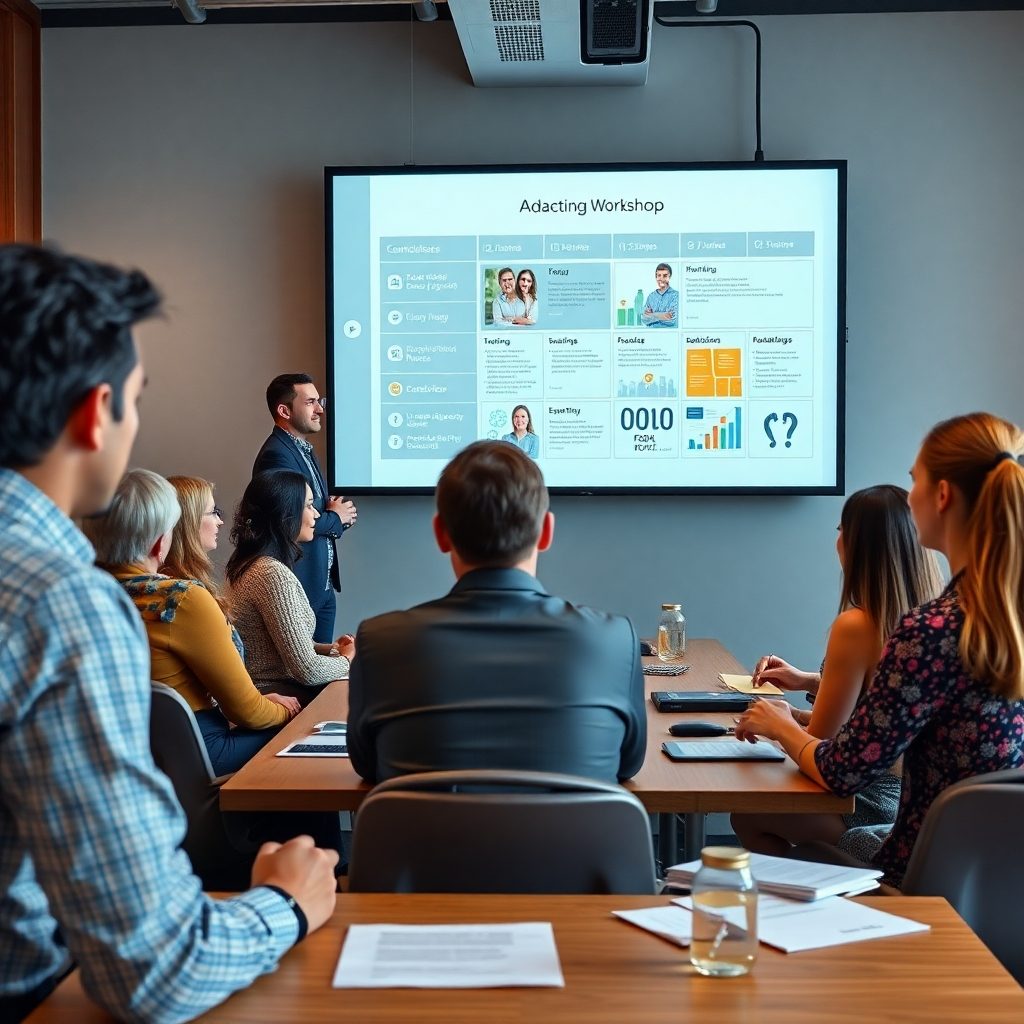 An adaptive workshop setup showcasing facilitators interacting with a diverse group of participants, customizing the session based on feedback and needs. Features a large display screen showing a tailored agenda, various learning materials, and engaged participants discussing among themselves.