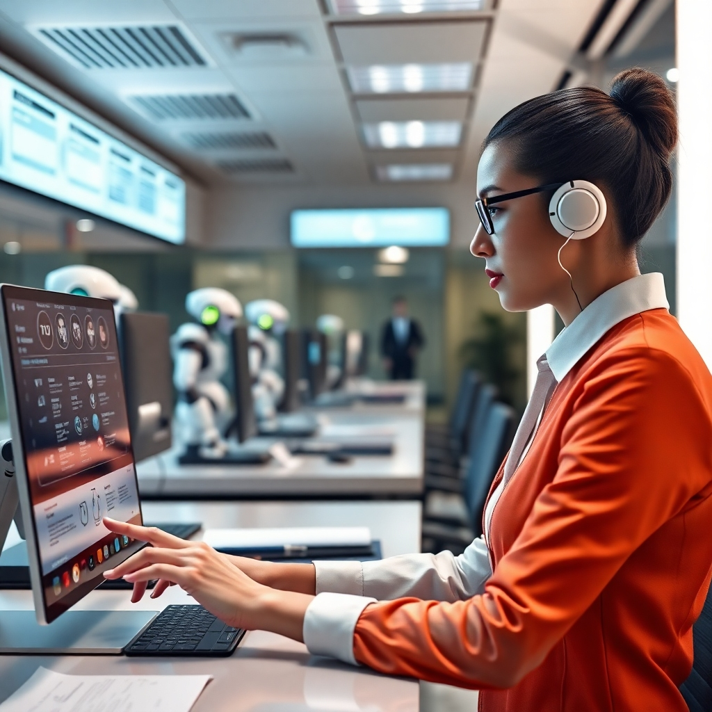 An administrative office setting where AI tools streamline tasks, showing an employee using a sleek, futuristic interface. Background includes robots or virtual assistants handling paperwork, highlighting a smooth and efficient workspace free from clutter and chaos.