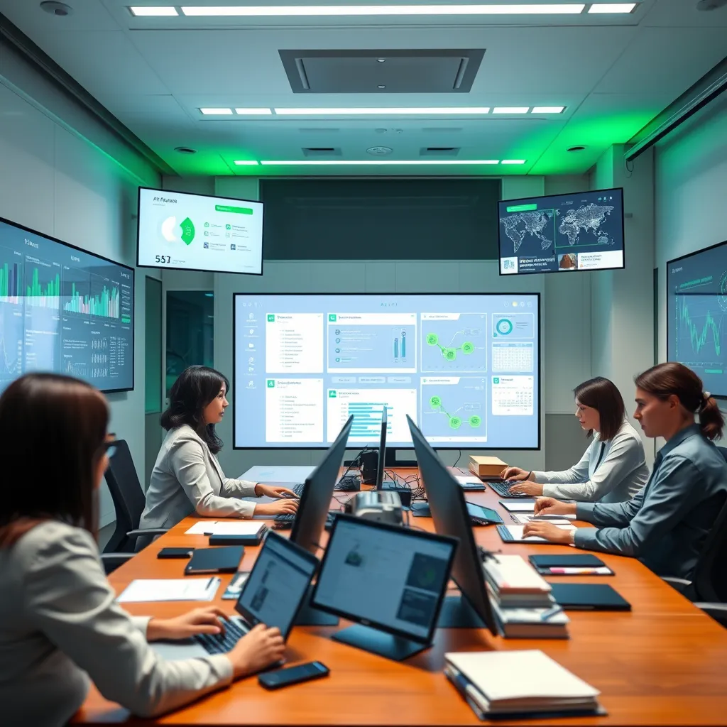 An advanced administrative workspace showcasing a diverse group of professionals using AI tools to streamline operations. The image features large screens displaying automated workflows and data management interfaces. The lighting is bright and energizing, with a palette of white, gray, and accents of green, symbolizing efficiency and clarity. The camera angle is slightly angled from above, providing a bird's-eye view of team collaboration and digital engagement. Textures include polished wood desks and high-tech devices. Decor elements include organized files and ergonomic furniture, fostering a productive environment. Rendered in hyperrealistic style, 8K resolution, emphasizing clarity, organization, and technological integration.