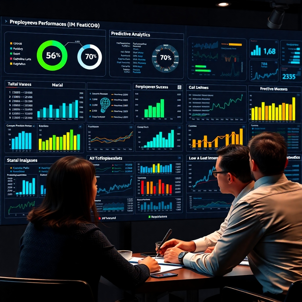 An AI dashboard displaying employee performance metrics and predictive analytics, with a diverse team of managers discussing insights, alongside visual elements like charts and graphs indicating predicted success rates.