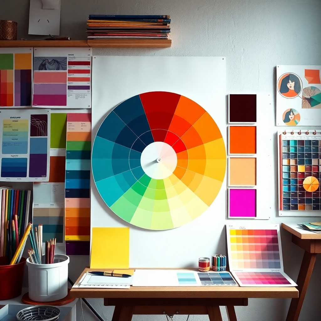 An artist's workspace with a variety of color swatches and palettes displayed. A color wheel is prominently featured, alongside mood boards that depict emotional themes associated with selected colors, all in a creative, vibrant environment.