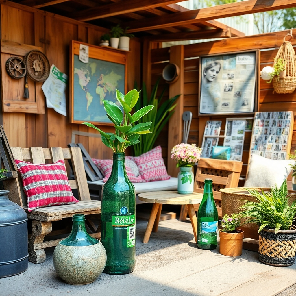 An artistic arrangement of various recycled materials used in DIY projects. Show items like a bottle planters, furniture made from old pallets, and wall art from magazines. The setting should be outdoors in natural light, showcasing creativity and sustainability.
