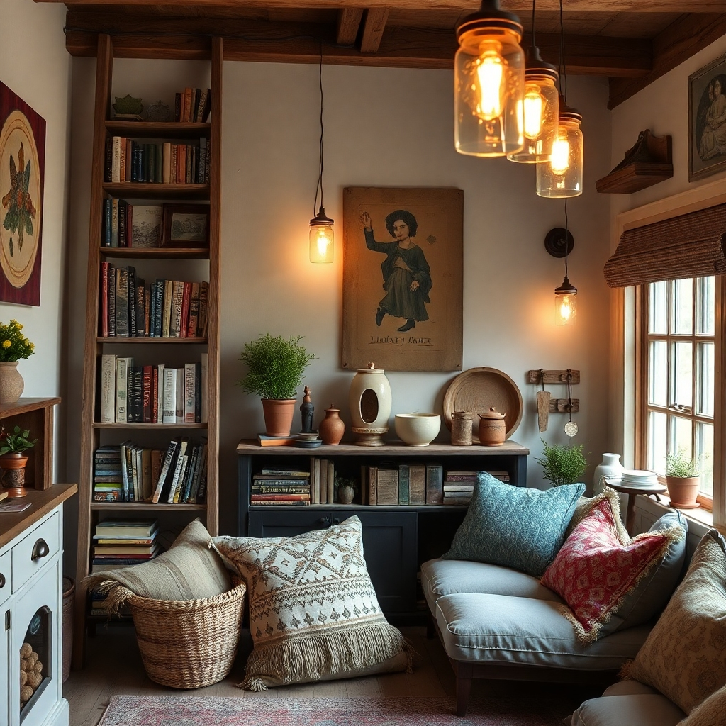 An artistic home interior showcasing repurposed items as decor, such as an old ladder turned book shelf, mason jars as light fixtures, and handmade cushions, creating a warm and inviting atmosphere that encourages creativity and inspiration.