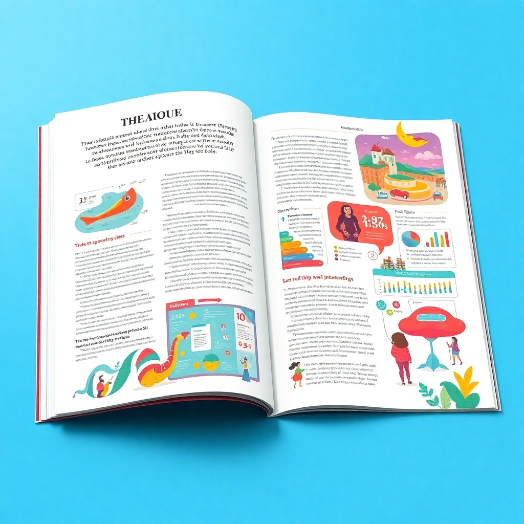 An artistic magazine layout featuring bold, colorful illustrations that accompany an engaging article. The page should display a mix of infographic-style graphics and playful illustrations, with a modern aesthetic, on glossy magazine paper.