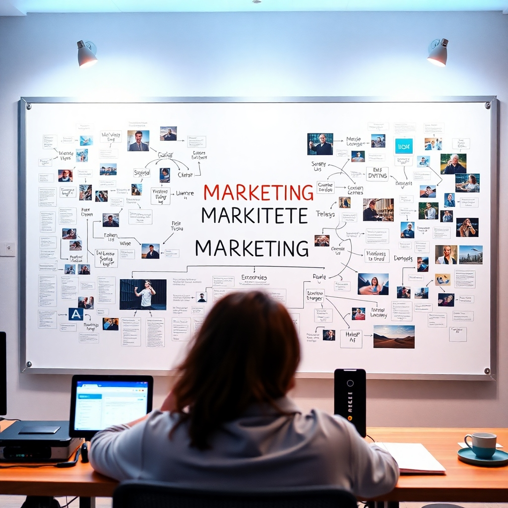 An artistic representation of a digital marketing strategy layout, featuring a large whiteboard filled with interconnected concepts, flowcharts, and images. The environment is bright and filled with technology, signifying a fusion of creativity and strategic planning.