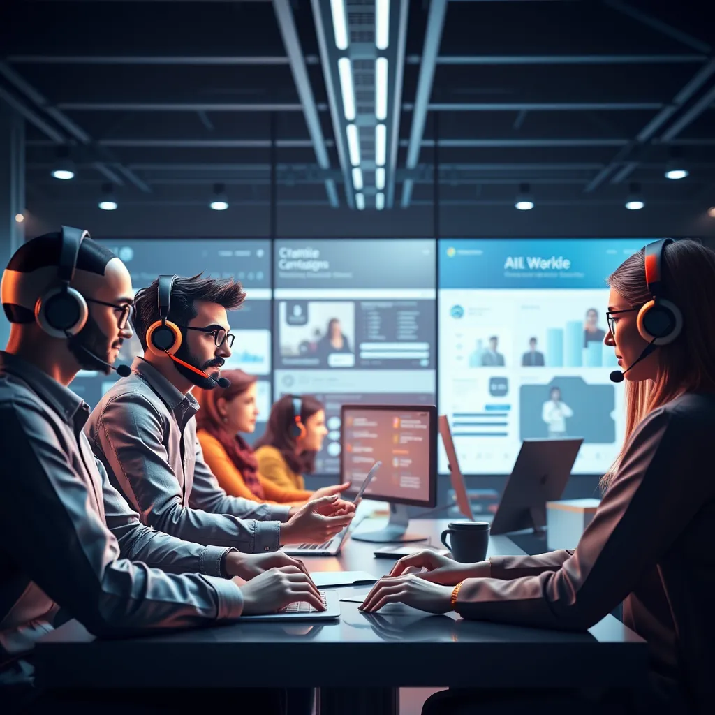 An engaging image of a diverse team of AI avatars collaborating in a virtual workspace. The scene displays different scenarios like customer support, marketing campaigns, and administrative tasks, showing teamwork and efficiency in action.
