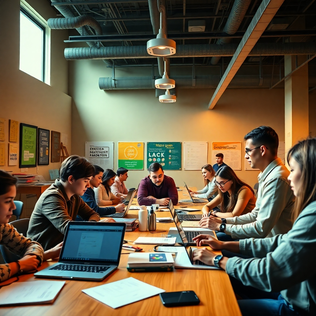 An engaging skill-building workshop where participants are engaged in hands-on activities. The setting is a spacious, well-lit room decorated with motivational posters and equipped with various tools and resources. Dramatic side lighting creates depth and highlights participants working together on collaborative tasks. The color palette uses warm tones, creating an inviting and focused atmosphere. The perspective is straight-on, capturing the intensity of participants' focus as they engage in skill-building exercises. Textures such as the rough surfaces of work tables and the softness of fabric props add realism. Props include laptops, manuals, and various materials that participants are using. The image is ultra-detailed, rendered in hyperrealistic quality, and in 8K resolution, reminiscent of modern educational photography styles.