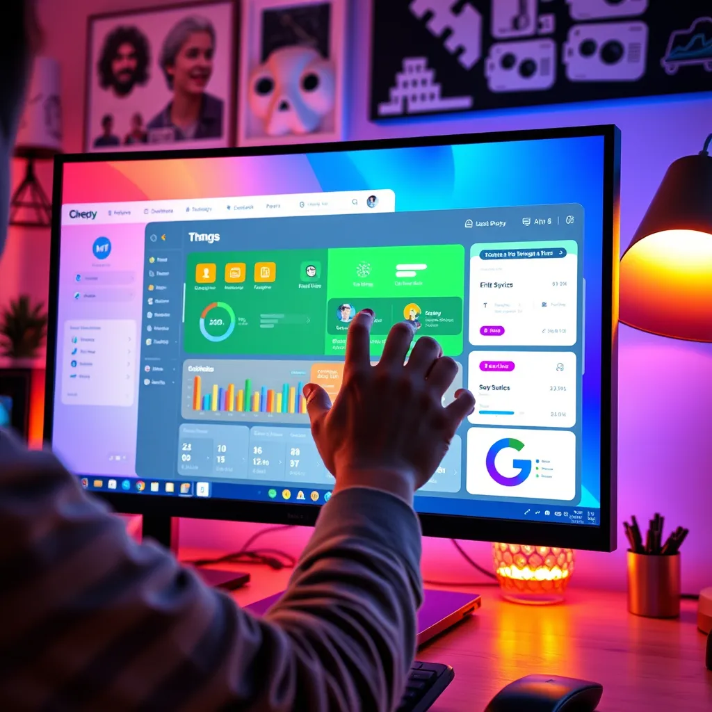 An engaging visual of a computer screen displaying a customized software interface with vibrant colors and user-friendly design elements. A user is interacting with the interface, showcasing various functionalities. The background includes tech-related decor.