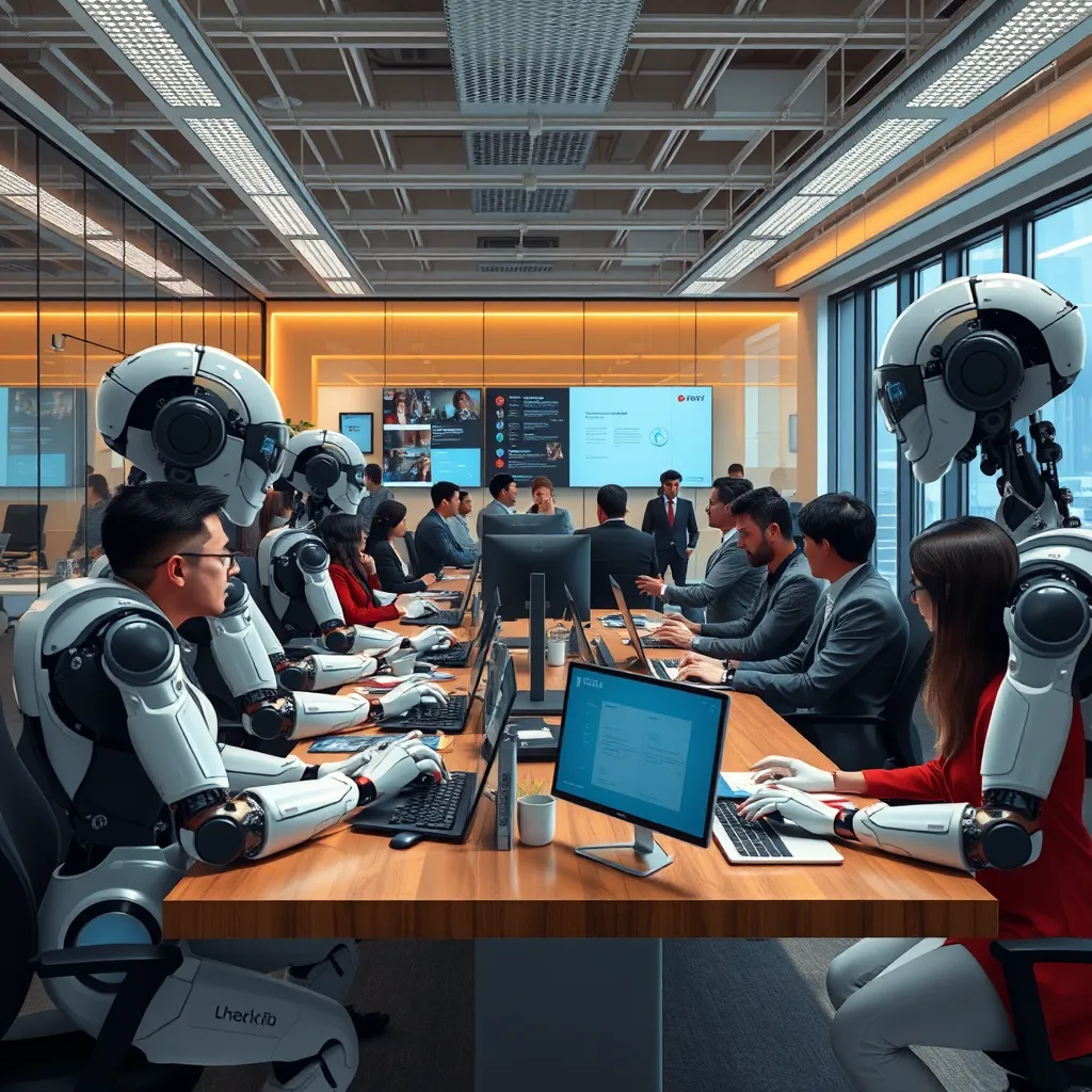 An illustration of a busy office where AI robots are efficiently handling customer support and marketing tasks, while human employees discuss strategies around a conference table. The AI should appear advanced, with screens showing tasks being completed automatically.