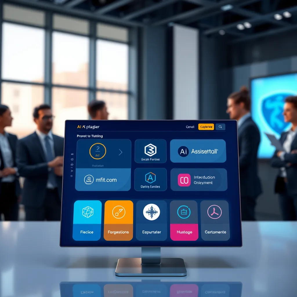 An illustration of a customizable AI platform interface, showing different branding options with logos, colors, and themes. The background should feature business professionals discussing how to tailor the platform to their company’s needs, emphasizing customization and branding.