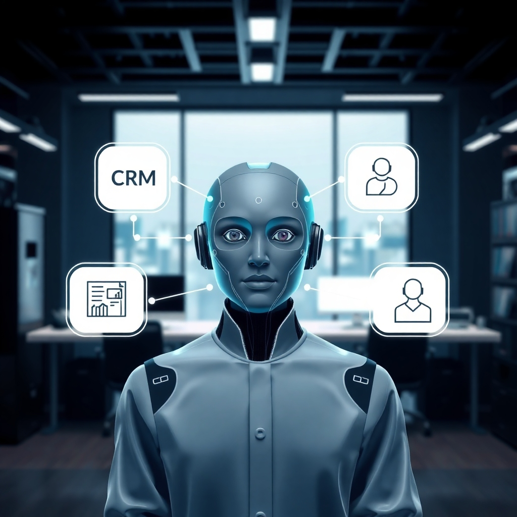 An illustration of a seamless integration of AI virtual agents into various existing software systems. Show visual connections like data flow charts connecting the agent to CRM, HR, and customer service platforms. The background is a sleek, high-tech workspace symbolizing integration.