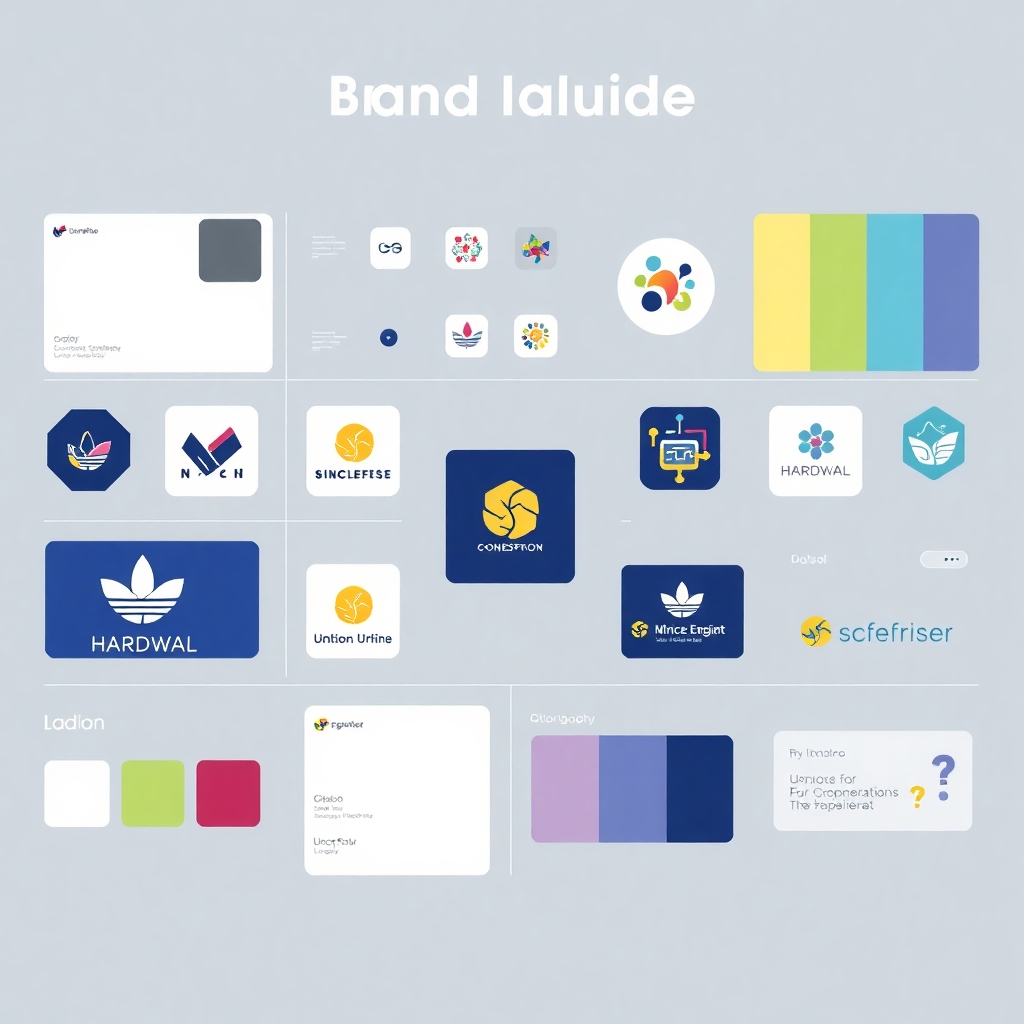 An illustrative concept of a brand identity guide featuring a collection of graphic elements including logos, color palettes, and typography samples. Display the cohesive branding theme in a well-organized layout, making it easy to understand the branding strategy.