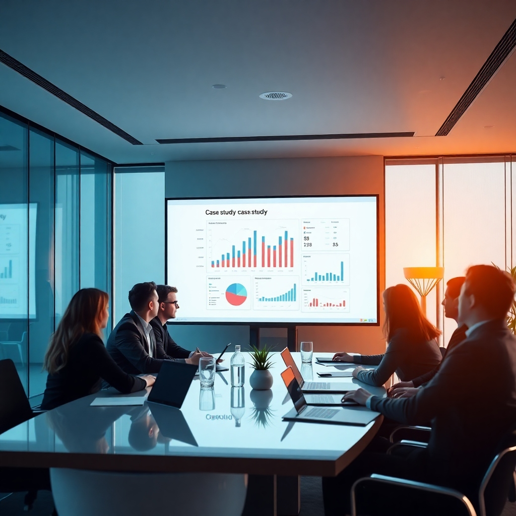 An immersive, photorealistic image of a group of professionals discussing and analyzing a case study on a large screen in a modern conference room, with graphs and data visible, highlighting engagement and collaboration.