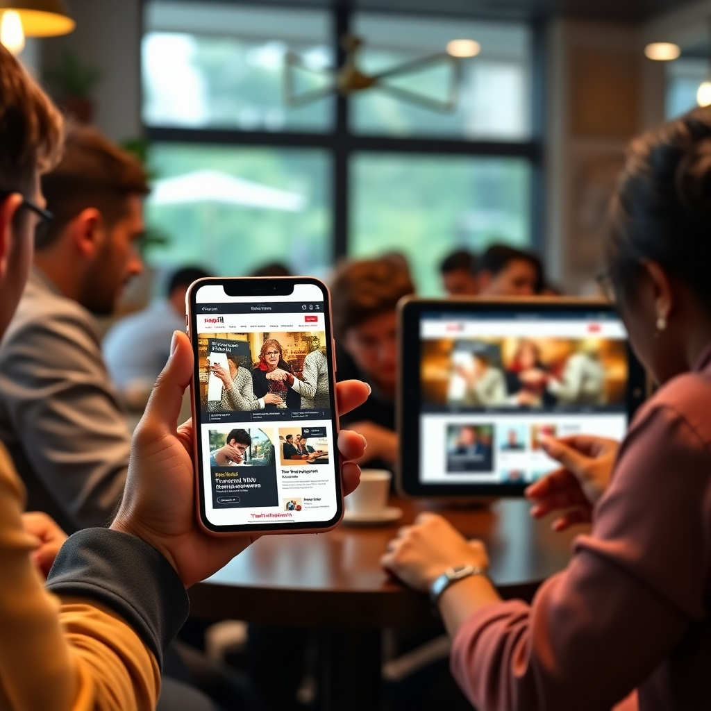 An impressive scene showing a smartphone and a tablet displaying the same website seamlessly. Show a diverse group of people interacting with these devices in a cozy cafe environment. The focus should be on smooth, responsive design with a vibrant interface that adapts perfectly to different screens.
