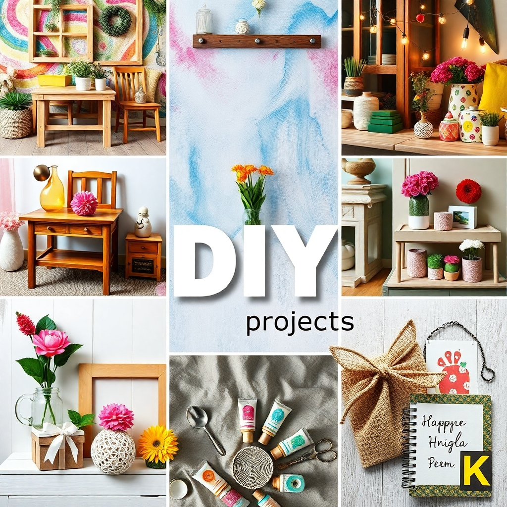 An inspirational collage showcasing various finished DIY projects, such as handmade furniture, colorful garden decorations, and personalized gifts. The background is decorated with a vibrant, artistic touch, illustrating the diversity of DIY creativity.