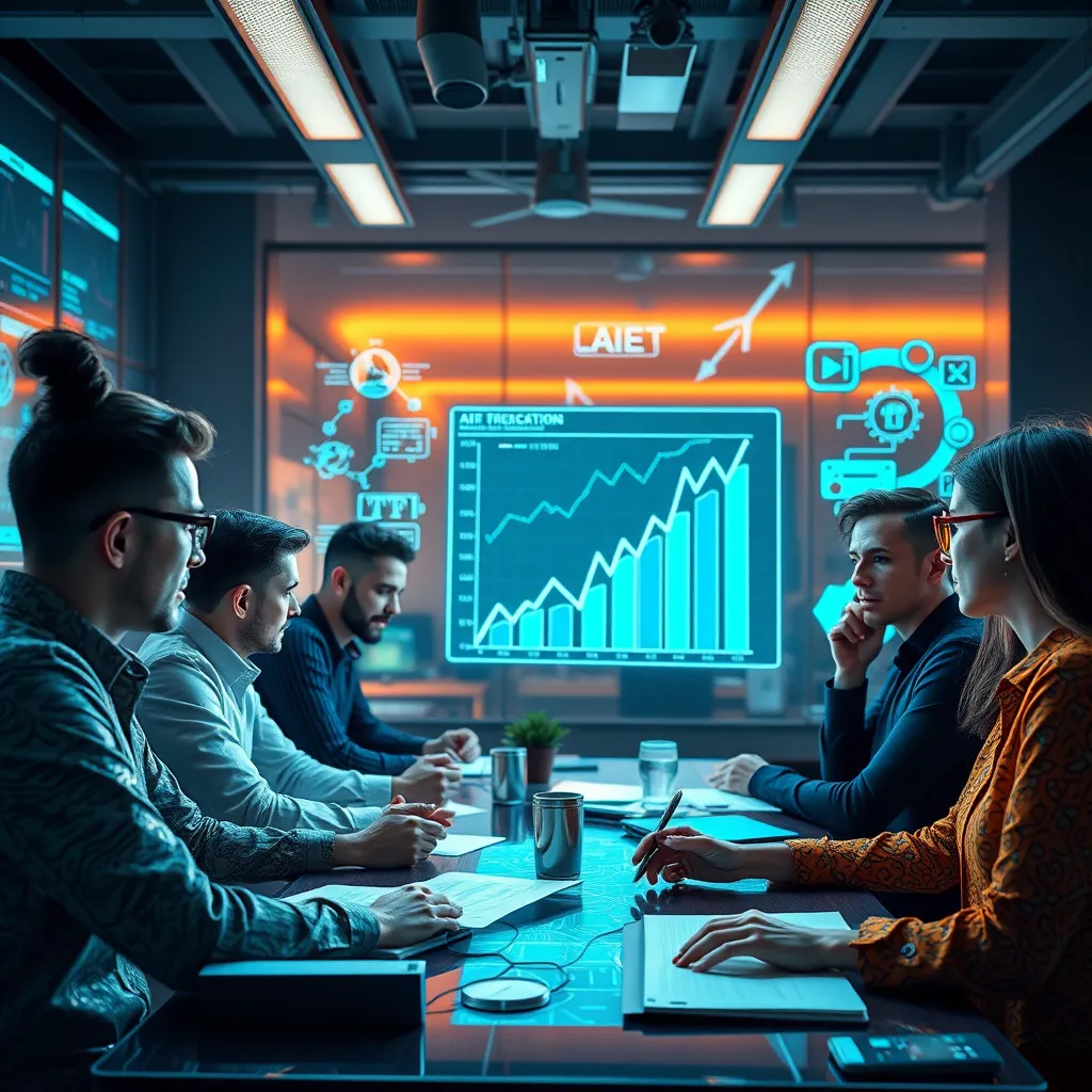 An inspiring image of a vibrant business environment, depicting a team brainstorming innovative ideas with digital AI tools and graphs projecting growth. Emphasize a futuristic atmosphere with technology and creativity blending together.