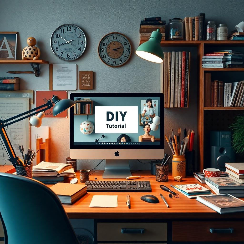An inviting workspace with a computer displaying a DIY tutorial video, surrounded by books and crafts. The desk should be cluttered with tools and materials, giving a feel of an inspiring and resourceful environment for creative projects.
