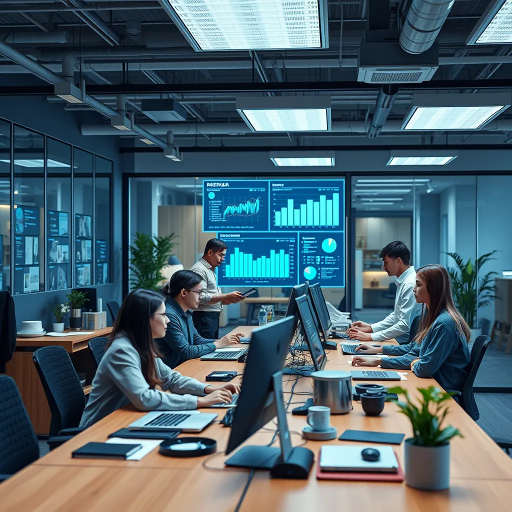 An organized office environment showcasing a team of HR professionals using AI tools for automating various HR processes. Include visual elements like digital dashboards, employees engaging with technology, and a sense of teamwork and efficiency.