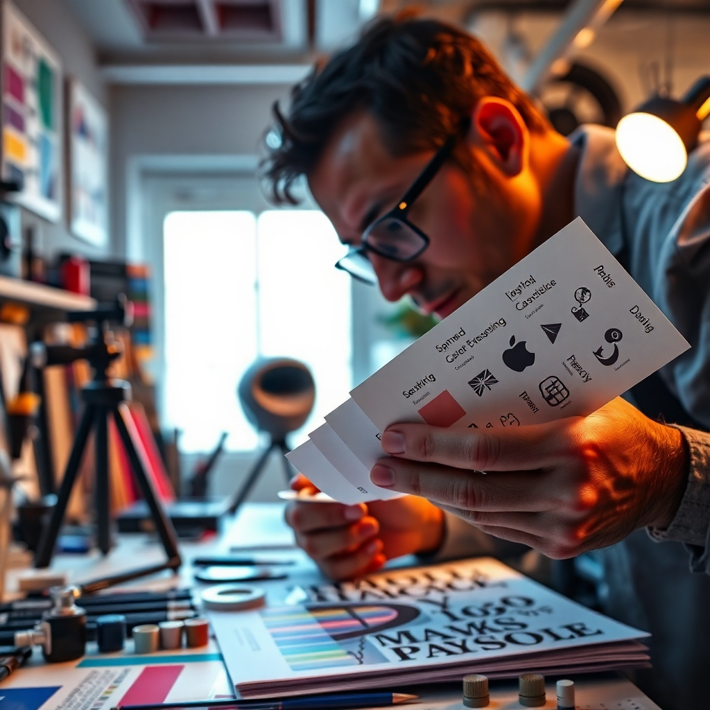 An ultra-detailed close-up shot of various design elements like color swatches, typography, and tiny icons being examined by a designer. The setting should be a sophisticated design studio filled with various artistic tools, emphasizing precision and attention to detail.