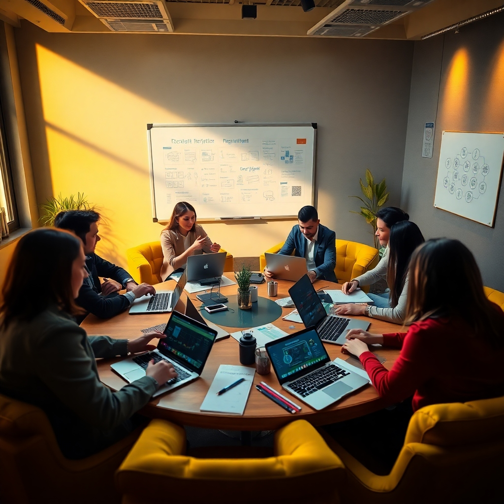 An ultra-high quality depiction of a busy recruitment agency during a brainstorming session. The room has dramatic side lighting that casts shadows, creating a dynamic mood. The color palette combines warm yellows and cool greys to symbolize energy and professionalism. The camera angle captures the team, deep in discussion, seated around a circular table filled with laptops and recruitment materials. Textural details include plush seating and polished wooden surfaces, and elements of technology such as tablets displaying AI-assisted recruitment tools. Background elements show a whiteboard filled with notes and graphics. This scene is styled like a corporate training session, aiming for hyperrealistic clarity captured in 8K resolution.