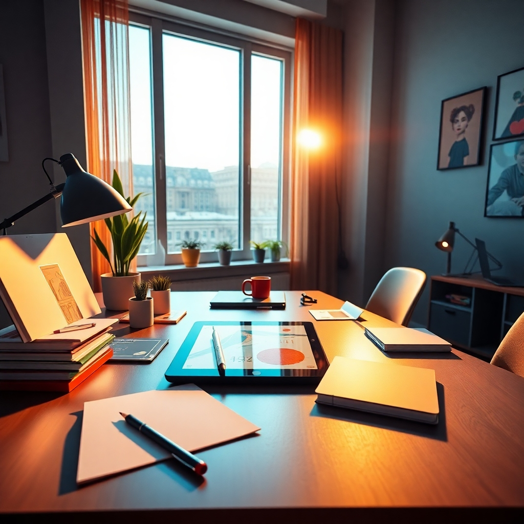 Create a captivating photorealistic header image for 'Employé IA, Expert en Design Graphique'. The composition should center around a modern workspace featuring a sleek desk adorned with design tools such as a graphics tablet, sketchbooks, and color swatches. Illuminate the scene with warm, natural light streaming through a large window, casting soft shadows for depth. Use a vibrant color palette of blues and oranges to evoke creativity and energy. The camera angle should be slightly overhead, providing a perspective that captures the entire workspace while focusing on the details of the design elements. Textures should appear realistic, showcasing the smoothness of the tablet surface, the fibers of the sketchbook, and the metallic sheen of the design tools. Include subtle environmental elements like houseplants or artwork on the walls for a personal touch. Reference the style of contemporary design studios. The final image should be rendered in 8K resolution with hyperrealistic detail., ultra high resolution, photorealistic, 8K, hyperdetailed, cinematic lighting