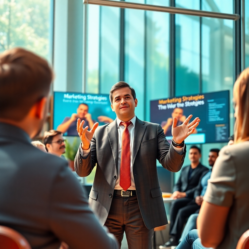Create a photorealistic header image representing a dynamic business environment that embodies the essence of marketing and leadership. The image should feature a confident man in a business suit, Seith Goddan, in the foreground, passionately gesturing as he speaks to a group of engaged individuals in a modern conference room. The lighting should be bright and natural, coming from large windows allowing sunlight to fill the space, creating a vibrant and inspiring atmosphere. Use a color palette of calming blues and greens with accents of orange for energy. The camera angle should be slightly low, looking up at Seith to emphasize his leadership presence, while capturing the audience's captivated faces. Include textures such as sleek glass, polished wood, and plush fabric in the setting. Add background details like a digital screen displaying marketing strategies and a bookshelf filled with bestselling books. The style should be contemporary and professional, capturing the essence of a transformative leadership experience. Output in 8K resolution, hyperrealistic details capturing every expression and texture., ultra high resolution, photorealistic, 8K, hyperdetailed, cinematic lighting