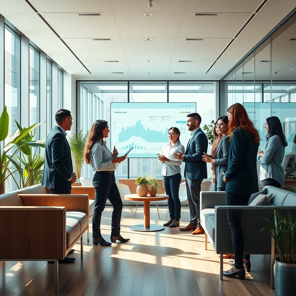 Create a photorealistic header image for a modern HR agency specializing in AI solutions. The composition should feature a diverse team of professionals collaborating in a sleek, high-tech office environment. Use natural daylight streaming through large windows to cast soft shadows, creating a bright and welcoming atmosphere. The color palette should include shades of blue and green to convey innovation and growth, with touches of warm tones for a friendly mood. Capture the scene from a slightly elevated angle to emphasize teamwork, showcasing a digital dashboard displaying analytics in the background. Incorporate textures like polished wood for the furniture and glass for meeting rooms to enhance the modern feel. Add environmental elements such as indoor plants and minimalistic decorations to breathe life into the space. Reference styles from modern corporate design and contemporary digital artwork. The image should be in 8K resolution, hyperrealistic quality to attract attention., ultra high resolution, photorealistic, 8K, hyperdetailed, cinematic lighting