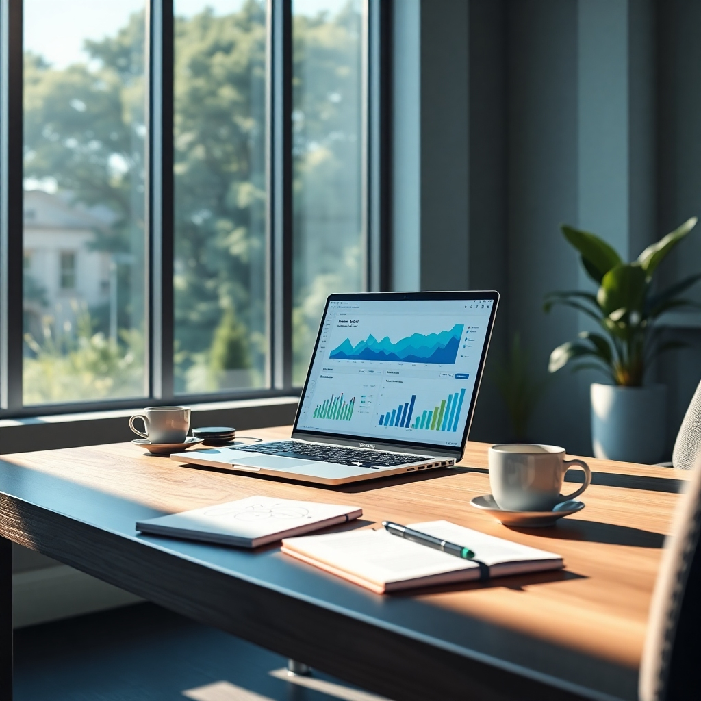 Create a photorealistic header image that captures the essence of LYS Enterprise Solutions, featuring a professional workspace. The composition should include a sleek, modern office desk with an open laptop displaying marketing analytics, and vibrant charts. Soft, natural sunlight should filter through large windows, casting shadows and creating a warm, inviting atmosphere. The color palette should include shades of blue and green, symbolizing growth and innovation. Capture the scene from a slightly elevated angle to showcase the entire workspace and give a sense of depth. The textures of the wooden desk, metallic laptop, and fabric of an ergonomic chair should be detailed and high-quality. Include elements like a notepad with sketches and a coffee cup to create a lived-in feel. A subtle background featuring a modern plant adds to the freshness of the environment. The style should reference modern corporate photography, with emphasis on clarity and professionalism. Technical specifications include: '8K resolution', 'hyperrealistic', ensuring every detail is vivid and compelling., ultra high resolution, photorealistic, 8K, hyperdetailed, cinematic lighting