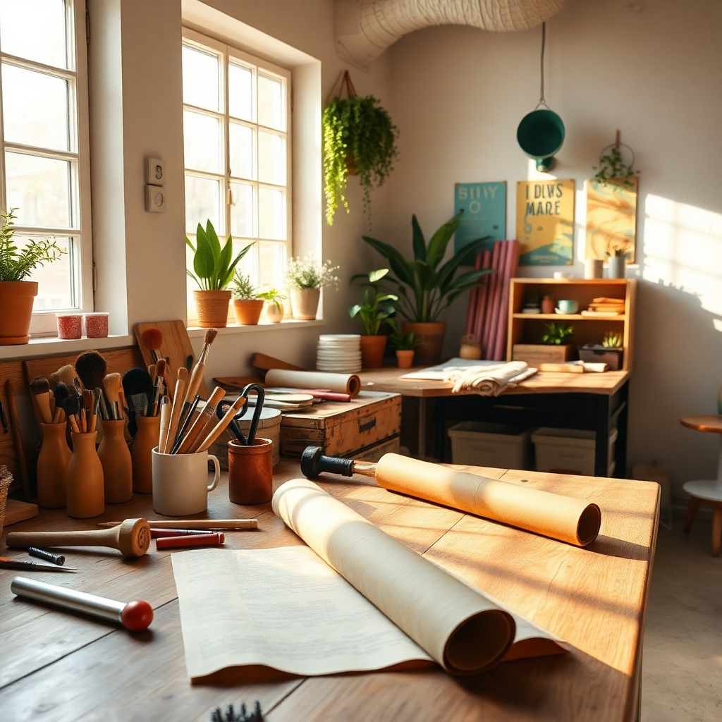 Create a photorealistic header image showcasing a bright and inviting DIY workshop space. The composition should feature a beautifully organized workbench filled with various tools such as a hammer, paintbrushes, and screws, alongside vibrant rolls of wallpaper and fabric samples. Ensure warm, natural lighting streams through a window, casting soft shadows across the workspace, evoking a cozy and creative atmosphere. Utilize a color palette of warm browns, greens, and soft pastels to create a sense of calm and inspiration. The camera angle should be slightly elevated, looking down at the workbench to emphasize the activity and materials, with a focus on the texture of wood, metal, and fabric. Incorporate environmental elements like potted plants in the background and inspirational DIY posters on the walls. Style references could include a blend of rustic and modern industrial design. The image should be presented in hyperrealistic detail at 8K resolution to capture the nuances of the textures and colors., ultra high resolution, photorealistic, 8K, hyperdetailed, cinematic lighting