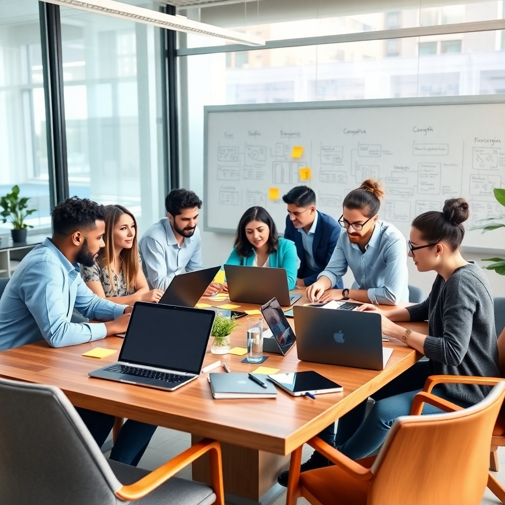 Create a photorealistic image of a modern office environment showing a diverse team of web designers collaborating on user experience analysis. They are gathered around a large table covered with laptops, tablets, and sticky notes. The lighting should be bright and inviting, emphasizing creativity and teamwork, with soft diffused lighting coming from large windows. Use a color palette featuring blues, greens, and warm wood tones to evoke a sense of innovation and calm. Capture the scene from a slightly elevated angle to provide a clear view of the interaction among team members. Textures should include sleek metal and glass surfaces on devices, along with soft fabrics on chairs. Include background elements like a whiteboard filled with sketches and flowcharts, enhancing the environment's creative energy. The style references can include modern corporate photography that emphasizes collaboration. Ensure the image is in 8K resolution, hyperrealistic, and ultra-detailed.