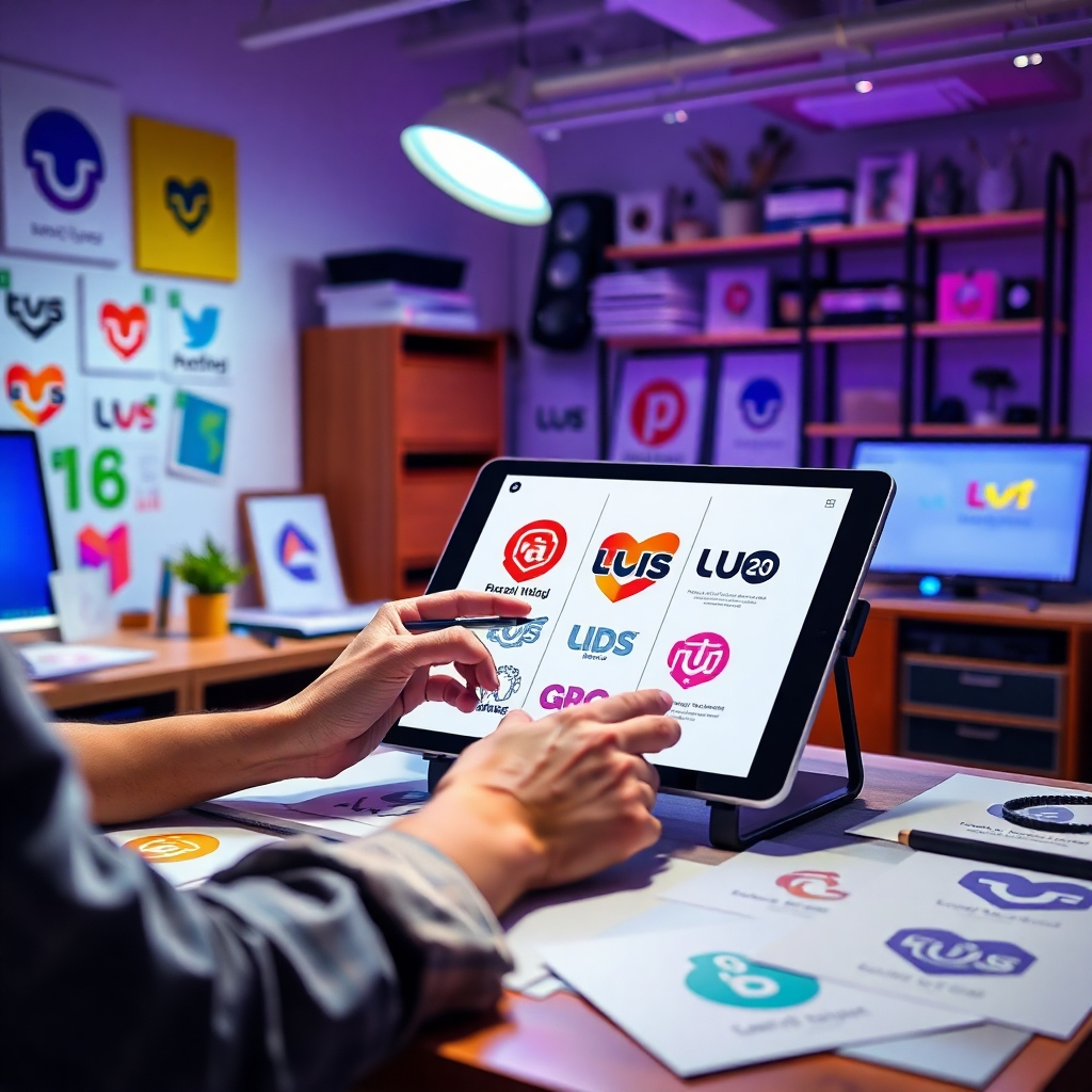 Create a photorealistic image of a vibrant design studio workspace, with a designer sketching a unique logo idea on a tablet. Include colorful concept sketches around, showcasing various logo variations that reflect creativity and brand identity.