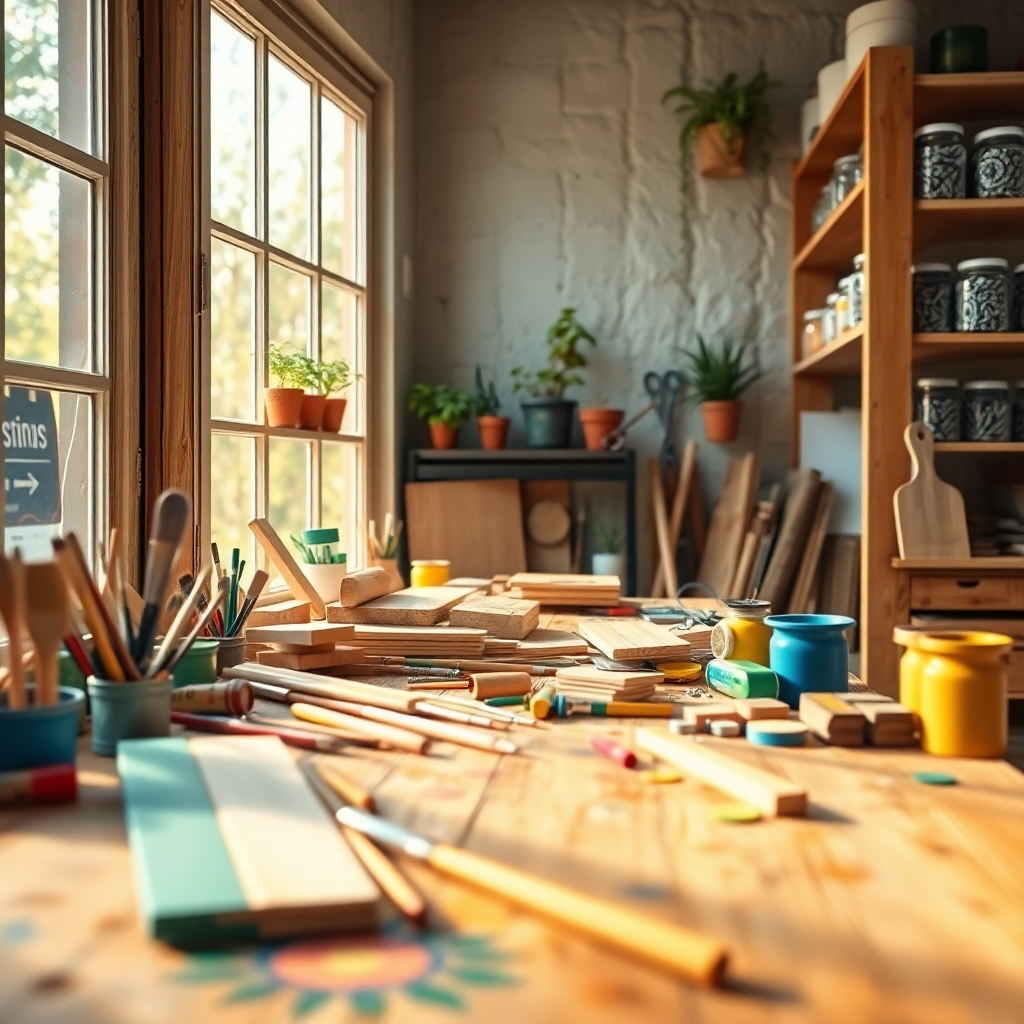 Create a photorealistic image of a cozy workshop filled with various DIY tools and materials. The scene should depict a warm and inviting atmosphere with soft diffused lighting streaming through a large window. The composition should include a wooden workbench cluttered with paintbrushes, wood pieces, and colorful paints, creating a vibrant color palette of yellows, blues, and greens. Capture the perspective from slightly above the workbench, allowing a clear view of the materials. The textures of the wood and tools should be ultra-detailed, showcasing the craftsmanship. Include environmental details like potted plants on the windowsill, and shelves stocked with jars of screws and nails in the background. Style the image in a cozy, home-style aesthetic, aiming for an 8K resolution, hyperrealistic look that invites creativity.