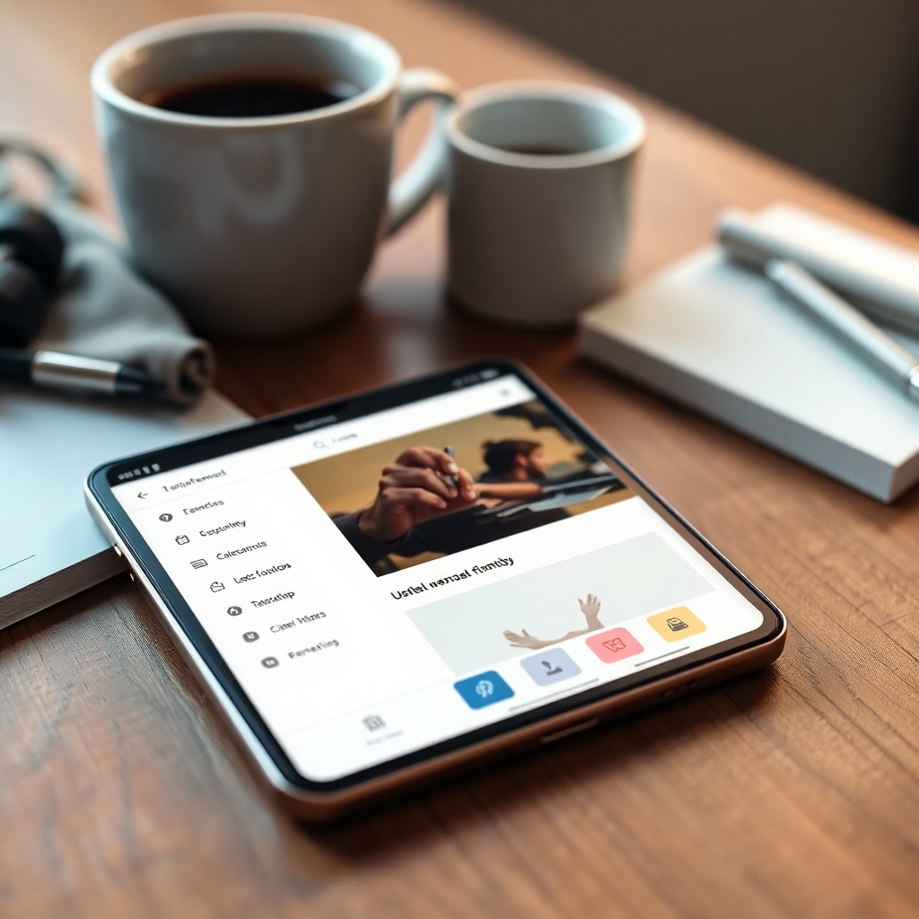 Create a photorealistic image showing a mobile device displaying a responsive website. The screen should showcase a well-structured mobile navigation menu with large touch-friendly buttons. Surround it with everyday items like a coffee cup and a notepad on a wooden table, conveying a casual browsing experience.