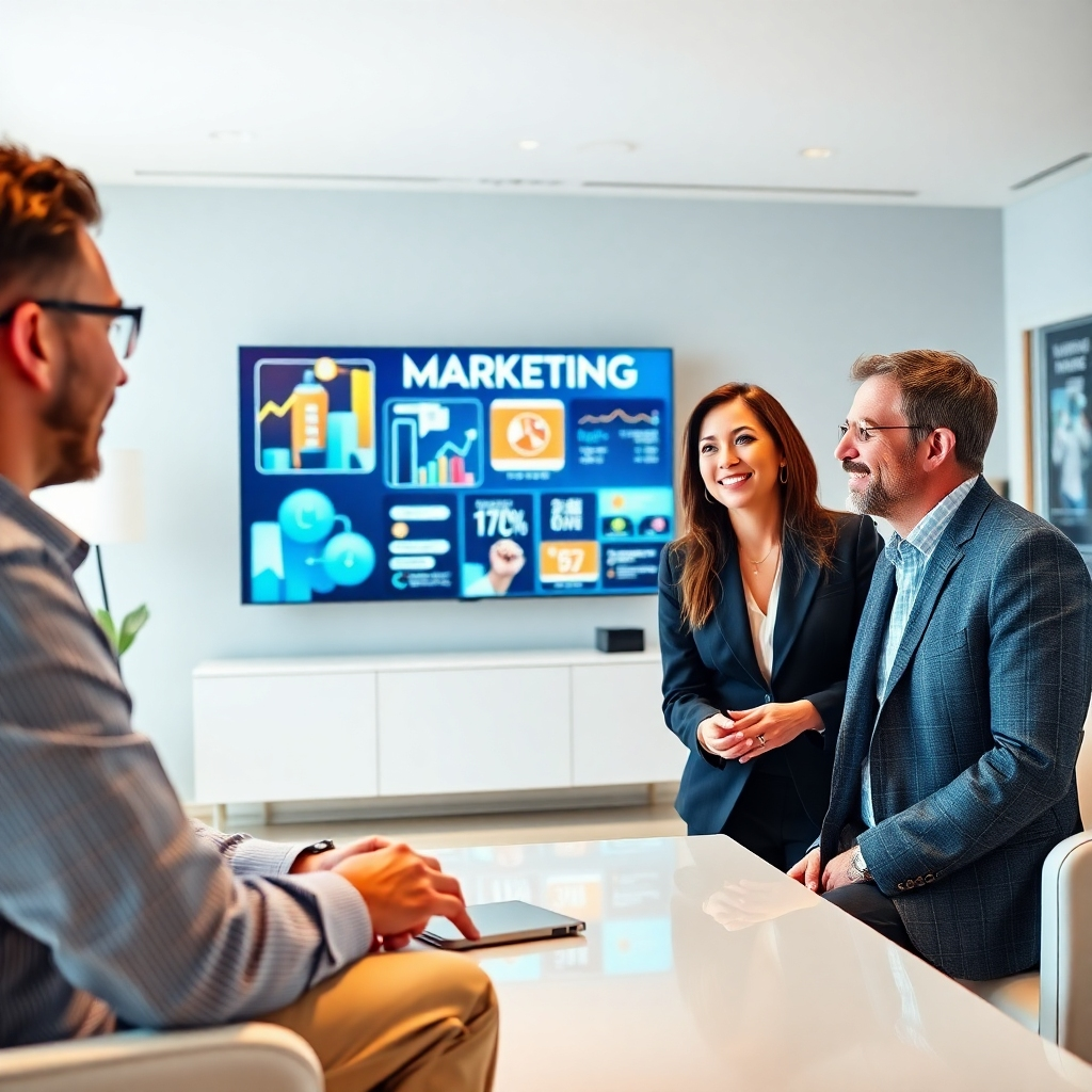Create a photorealistic image of a contemporary business consultant meeting with a client in a modern office setting. The composition should include both individuals engaged in a lively discussion, with digital screens displaying innovative marketing strategies in the background. Use soft diffused lighting to create a warm and inviting atmosphere. The color palette should be dominated by whites and blues to evoke professionalism and trust. Capture the scene from a slightly elevated angle to showcase both faces and the interactive technology in the background. Include sleek office furniture and motivational posters on the walls to enhance the environment. Use 8K resolution for hyperrealistic details, focusing on textures such as the gloss of the furniture and the fabric of the clothing, capturing every nuance with ultra-detailed precision.