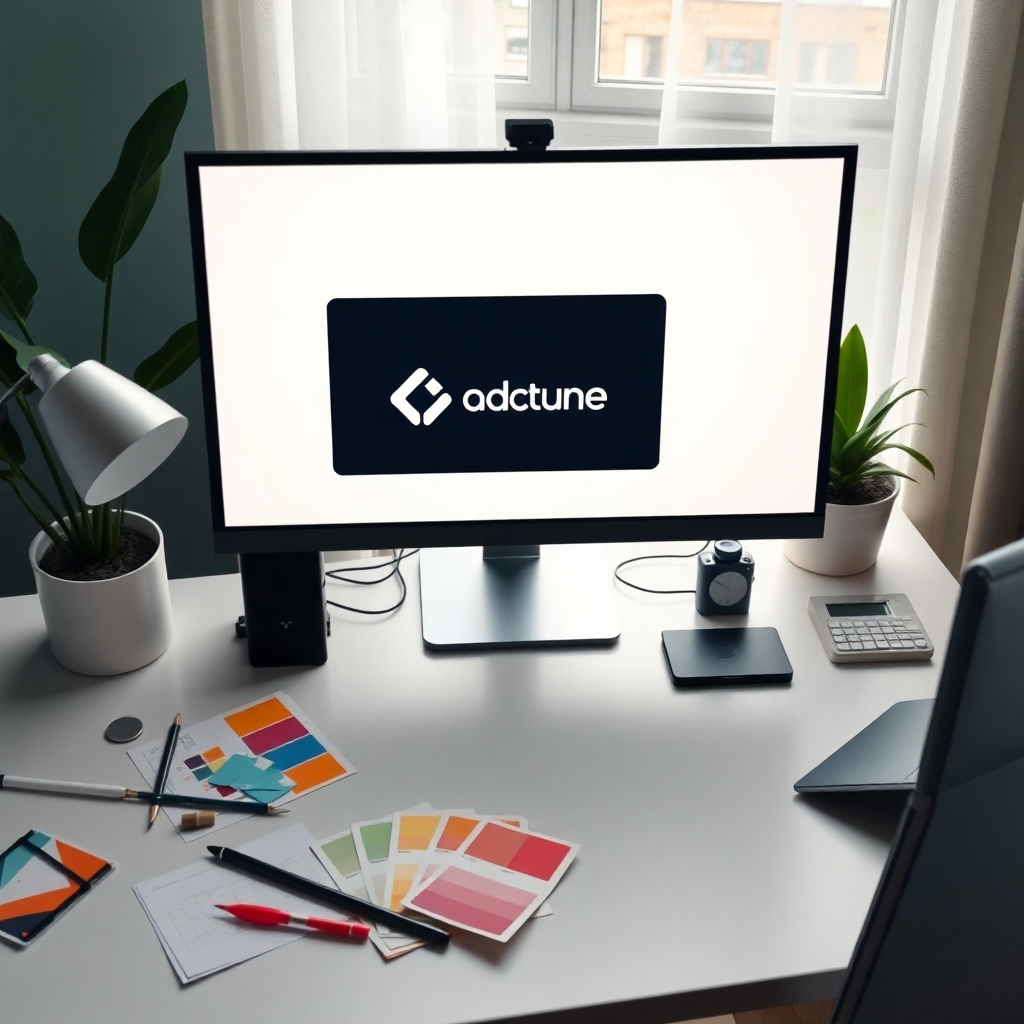 Create a photorealistic image of a designer's workspace featuring a modern, sleek logo design on a computer screen. The composition should include a stylish desk with design tools scattered around like sketch pads, color swatches, and a graphic tablet. Soft diffused lighting from a nearby window creates a welcoming atmosphere, casting gentle shadows. The color palette should consist of vibrant hues like teal, coral, and mustard, embodying creativity and energy. Use a high angle camera perspective to capture the entire workspace, focusing on the logo displayed prominently on the screen. The textures should be rich and varied, showcasing the smooth surface of the desk and the intricate details of the design tools. Include environmental elements such as a houseplant in the background to convey a creative and inspiring environment. The image should be hyperrealistic, 8K resolution, and highly detailed, capturing the essence of professional logo design.