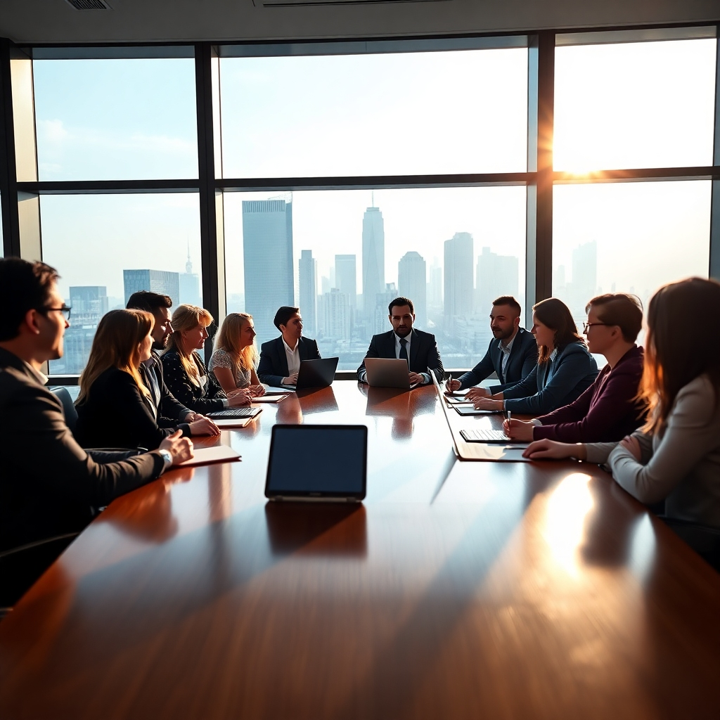 Create a photorealistic scene depicting a dynamic business consultation. The setting is a modern conference room with a large window showcasing a city skyline. In the foreground, a diverse group of professionals is engaged in a collaborative discussion, sitting around a sleek, oval table. Soft diffused lighting filters through the window, casting a warm glow on the participants' faces. Use a color palette of blues and whites, accentuating a mood of professionalism and teamwork. The camera angle is slightly elevated, capturing both the group and the city view outside. Textures of polished wood and glass should be present, highlighting the sleek design of the environment. Include relevant props like laptops, notepads, and a digital display board showing marketing strategies. Style references include modern corporate photography. Aim for 8K resolution with hyperrealistic and ultra-detailed imagery.
